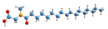  3D image of N-Oleoylsarcosine skeletal formula - molecular chemical structure of  corrosion inhibitor Oleyl sarcosine isolated on white background