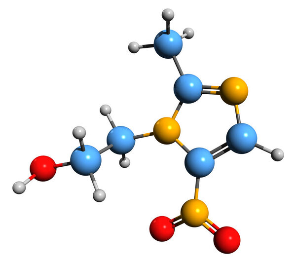 3D image of Metronidazole skeletal formula - molecular chemical structure of  antibiotic and antiprotozoal medication isolated on white background