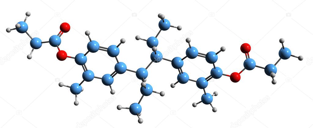  3D image of Methestrol dipropionate skeletal formula - molecular chemical structure of synthetic nonsteroidal estrogen isolated on white background