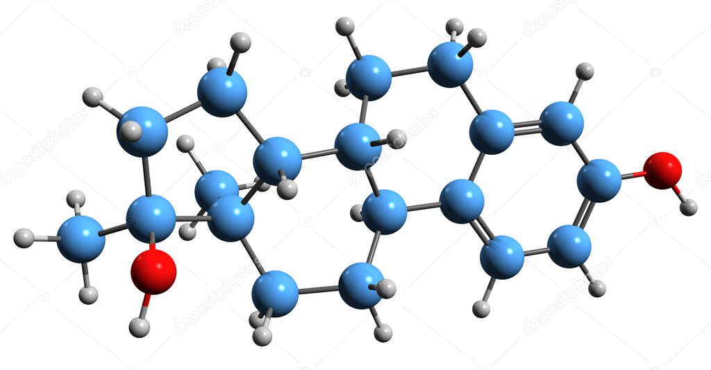 3D image of Methylestradiol skeletal formula - molecular chemical structure of  estrogen medication isolated on white background