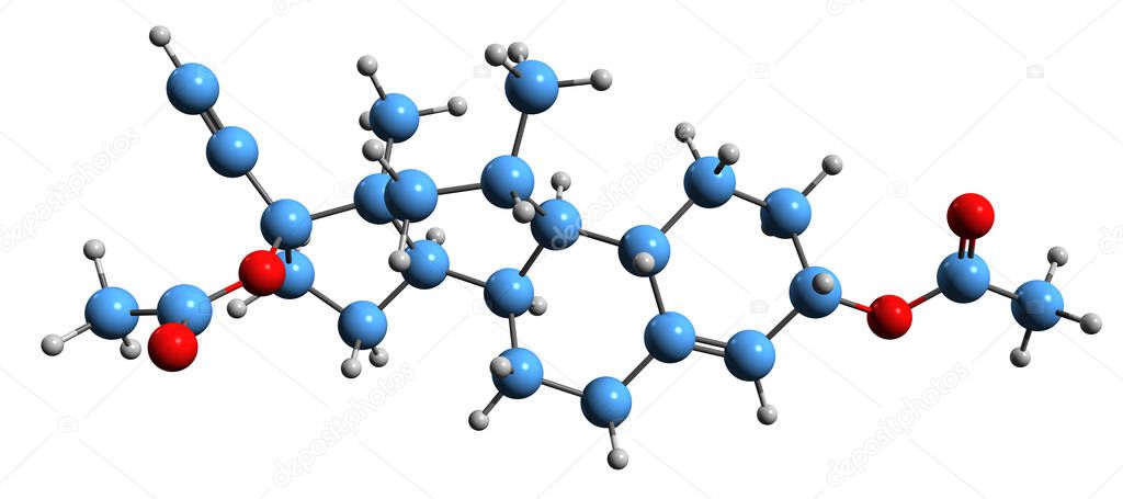  3D image of Metynodiol diacetate skeletal formula - molecular chemical structure of  steroidal progestin isolated on white background