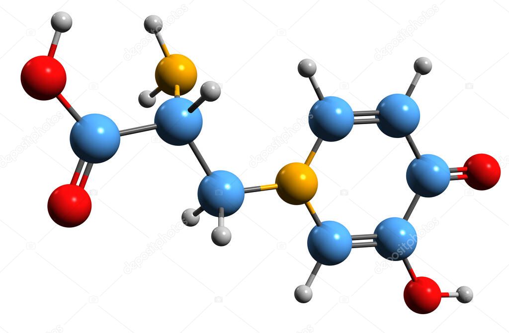 3D image of Mimosine skeletal formula - molecular chemical structure of toxic non-protein amino acid leucenol isolated on white background