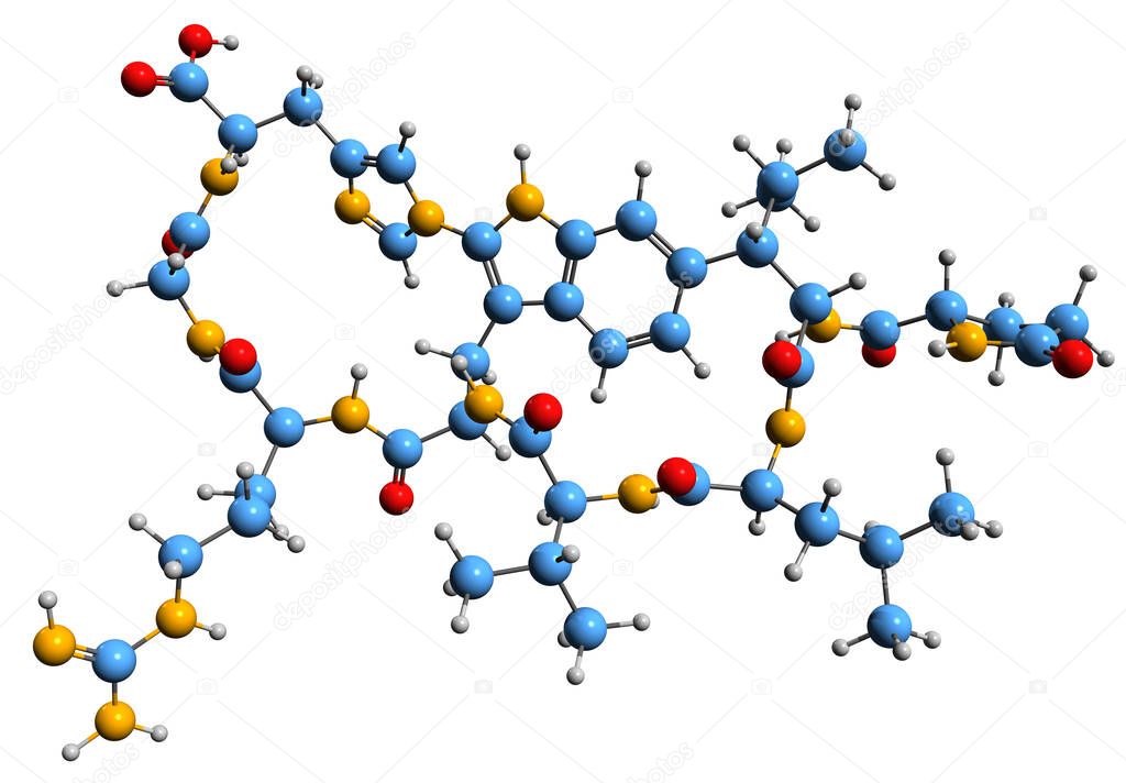  3D image of Moroidin skeletal formula - molecular chemical structure of Anti-mitotic agent - bicyclic octapeptide isolated on white background