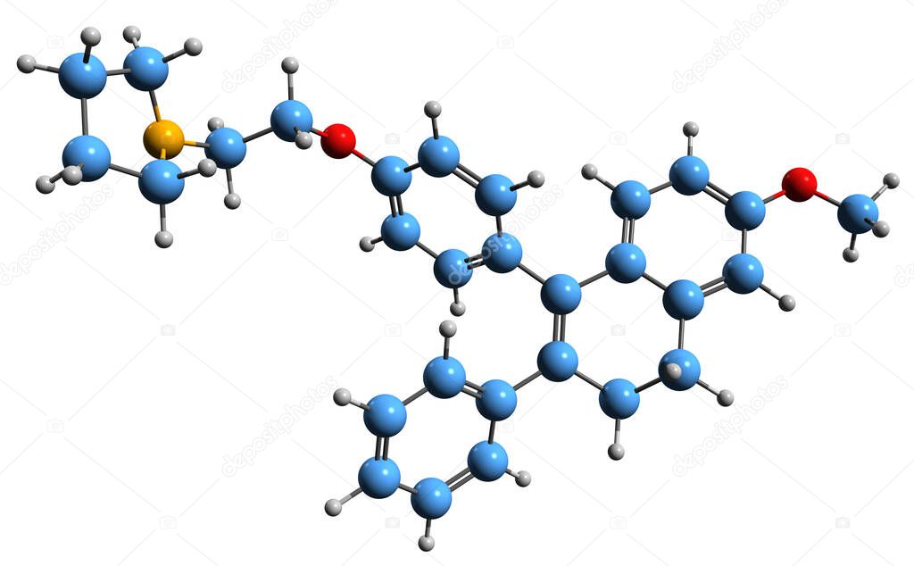  3D image of Nafoxidine skeletal formula - molecular chemical structure of nonsteroidal selective estrogen receptor modulator isolated on white background