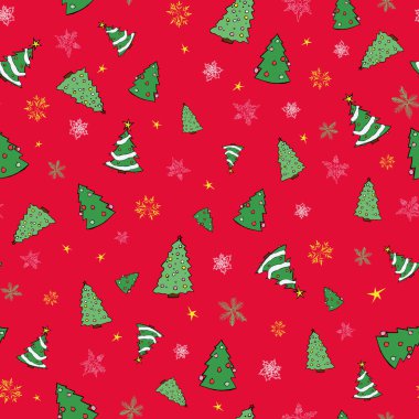 Kırmızı Noel Ağaçları 'nın arka planında kar taneleri var. Yüzey deseni tasarımı