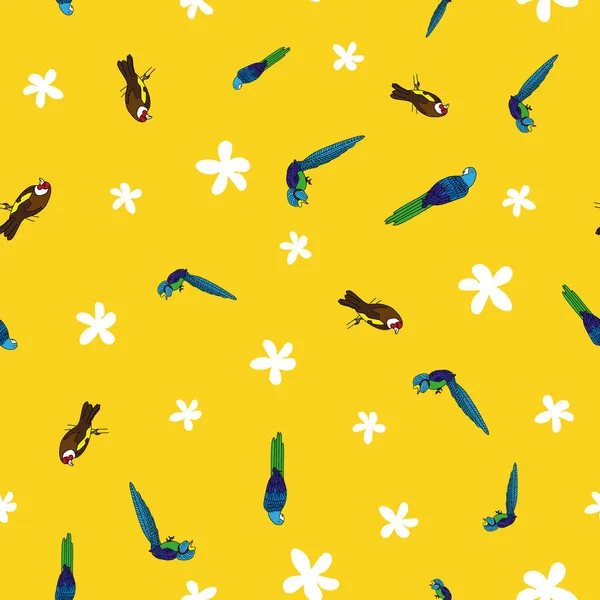 Vector Amarillo pequeños pájaros tropicales con flores patrón de fondo sin costuras — Vector de stock