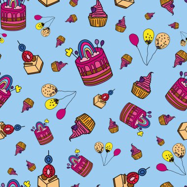 Pastaları ve balonları pürüzsüz arka plan desenli Vektör Mavi Parti. Yüzey deseni tasarımı