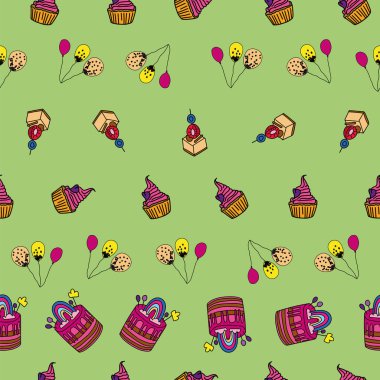 Pastalar ve balonlar kusursuz arka plan desenli Vektör Yeşil Eğlenceli Parti. Yüzey deseni tasarımı