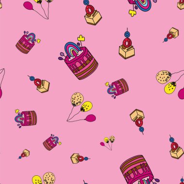 Pastalar ve balonlar kusursuz arka plan desenli Vektör Pembe Partisi. Yüzey deseni tasarımı