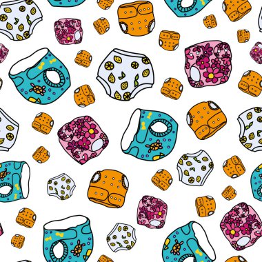 Farklı dizaynlara sahip beyaz bebek bezi taşıyıcı. Yüzey deseni tasarımı