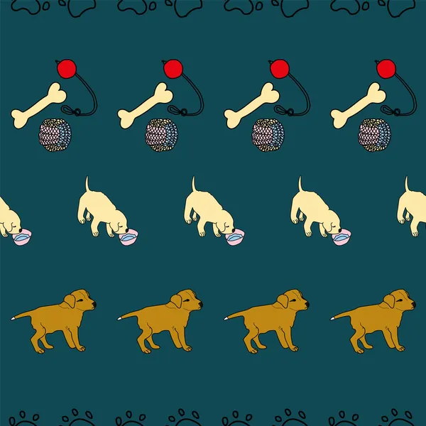 おもちゃのシームレスな背景パターンを持つベクトルブルーの犬子犬 表面パターン設計 — ストックベクタ