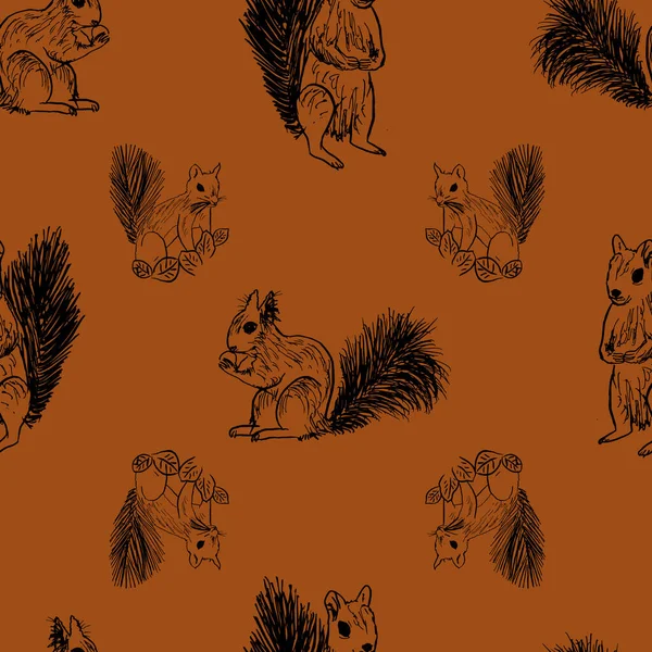 Vector Brown Big Squirrels Ink Seamless Background Pattern Surface Pattern — Stock Vector