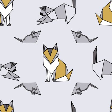 Gri Origami Kedileri 'nin arka planı kusursuz. Yüzey deseni tasarımı