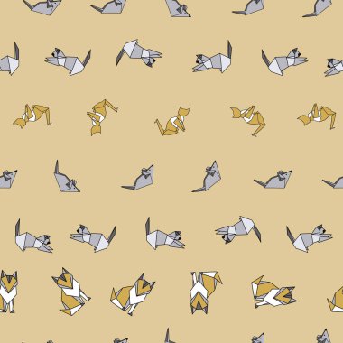 Vektör Açık Kahverengi Origami Kediler ve Fare arkaplanı pürüzsüz. Yüzey deseni tasarımı
