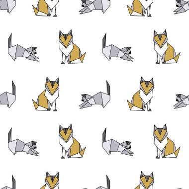 Vektör Gri ve kahverengi Origami Kediler kusursuz arka plan deseni. Yüzey deseni tasarımı