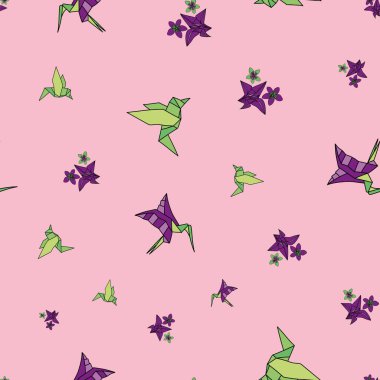 Vektör Pembe sinekkuşu Origami kuşlarının arka plan modeli. Yüzey deseni tasarımı