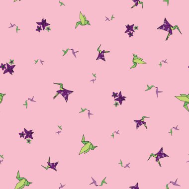Vektör Pembe ve yeşil sinekkuşu Origami kuşlarının arka plan deseni. Yüzey deseni tasarımı