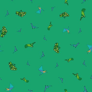 Vektör yeşil küçük Origami kağıt dinozorlar arka plan deseni. Yüzey deseni tasarımı