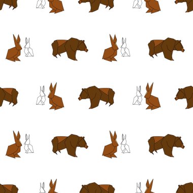 Beyaz Kış Hayvanları Vektörü Tavşan ve Ayı arkaplan desenli Origami