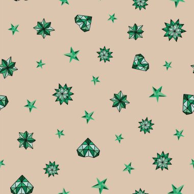 Vektör Mercan Küçük Origami kalbi ve arka plan desenli yıldızlar