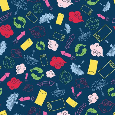 Vektör rengarenk Çin yeni yıl kutlamaları sembollü arka plan desenli yüzey deseni tasarımı