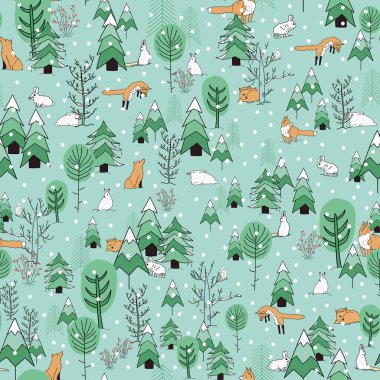Ormanda hayvan ve ağaçların oluşturduğu vektör mavisi kış manzarası yüzey deseni tasarımı