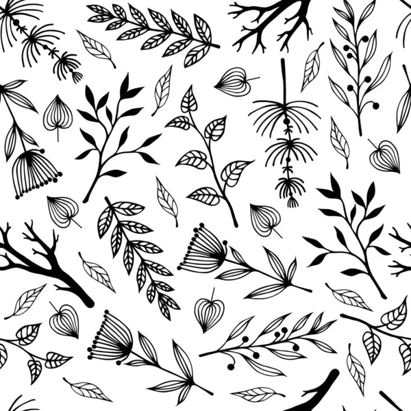 Ветви Листьями Полевыми Травами Векторные Бесшовные Узоры Ботанический Эскиз Цветами — стоковый вектор