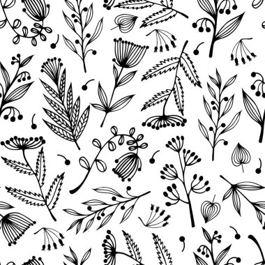 Çiçekler, yabani otlar, kusursuz vektör deseni. El çizimi karalamalar. Şişirilmiş dalları olan şubeler. Tekstil, baskı, kırtasiye ve dekorasyon için siyah beyaz konsept.