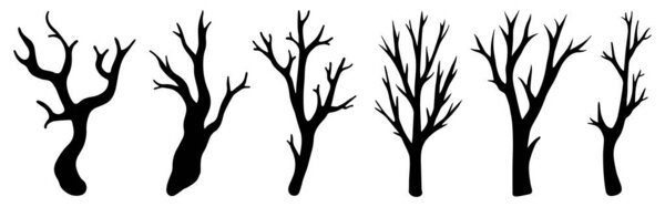 Dry leafless branches vector set. Hand-drawn doodles. Silhouettes of bare twigs. A set of monochrome elements for the decoration and design of cards, printing, textiles, Halloween celebration.