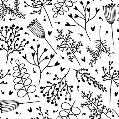 Çiçek siluetleri, tarla bitkileri, kusursuz vektör desenleri. El çizimi karalamalar. Yapraklı, tohumlu, kızıl ötesi ışıltılı bitkilerin bir taslağı. Dekorasyon, tasarım, baskı, tekstil, web için tek renkli kavram.