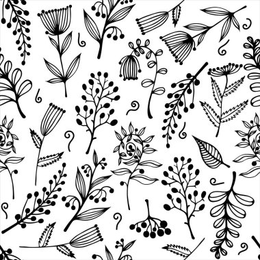 Çiçekler, dallar, bitkiler, kusursuz vektör deseni. El çizimi karalamalar. İnfloresanlı bitkiler, yapraklar, tohumlar. Dekorasyon için tek renkli arkaplan, kart tasarımı, tekstil, ambalaj, eko kozmetik.