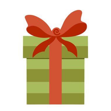 Çizgili kutu vektör simgesinde hediye. Elle çizilmiş renkli karalama. Kırmızı fiyonklu yeşil çanta. Dekorasyon için parlak konsept, parti tasarımı, bayram, etkinlik, Noel için baskı kartları, doğum günü, yeni yıl