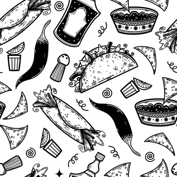 Geleneksel Meksika yemekleri, kusursuz vektör desenleri içerler. El çizimi karalama. Burrito, nachos, tekila. Dekorasyon, ambalaj kağıdı tasarımı, el ilanları, web, kafeler için tek renkli konsept.