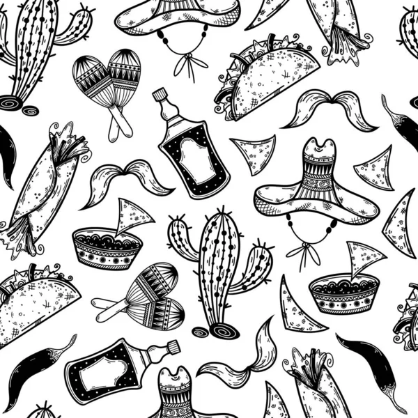 Handgetekende Krabbels Traditionele Vakantie Symbolen Zijn Sombrero Cactus Maracas Concept — Stockvector
