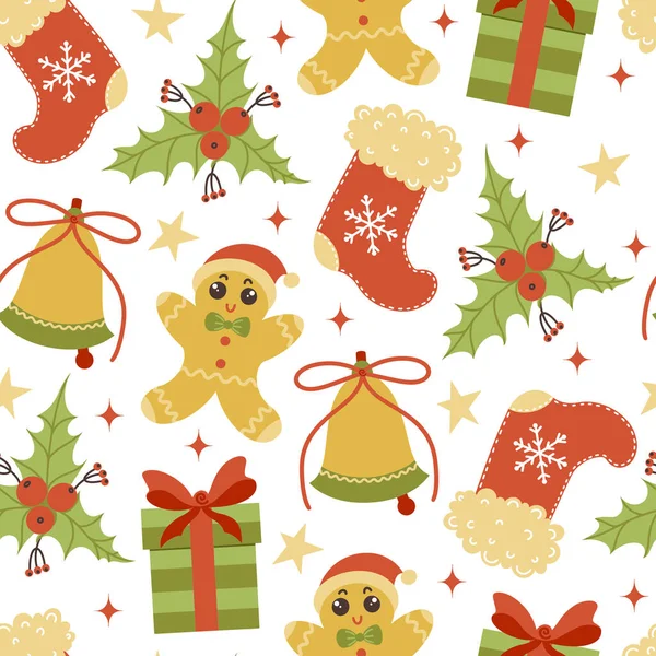 Noel sembolleri kusursuz vektör deseni. Elle çizilmiş renkli karalamalar. Bayram öğeleri: Zencefilli çörek, hediye, kutsal çan. Dekorasyon, ofis tasarımı, kumaşlar, tekstil, kartlar, baskı, web için kavram.