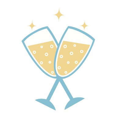 İki bardak ve bir içecek vektör ikonu. Elle çizilmiş renkli karalama. Şeffaf bardakta karbonatlı sıvı, kokteyl, şampanya. Dekorasyon için romantik konsept, baskı tasarımı, kartlar, web.