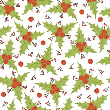 Holly kusursuz vektör deseni. Elle çizilmiş karalama. Bayram bitkisinin dalları. Kırmızı böğürtlenli ökseotu, yapraklar, dallar. Dekorasyon, kart tasarımı, davetiyeler, Noel etkinlikleri için mevsimlik fon.