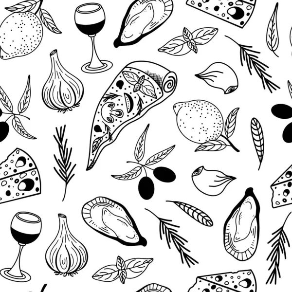 Nahtloses Vektormuster Der Mediterranen Küche Handgezeichnete Kritzeleien Zutaten Italienischer Gerichte — Stockvektor