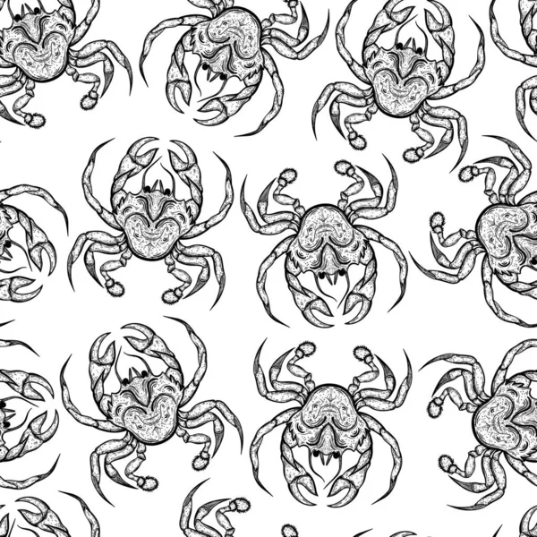 新鲜螃蟹无缝向量模式 手绘涂鸦 海鲜味的素描 海洋动物的轮廓 装饰用黑白模板 菜单设计 咖啡店 — 图库矢量图片