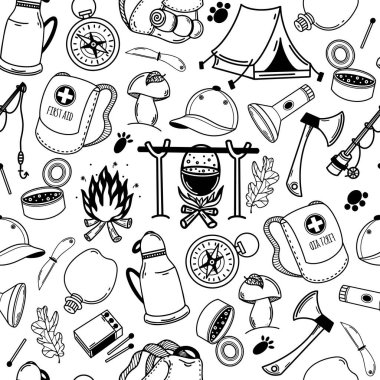 Kamp kusursuz vektör deseni. El çizimi karalamalar. Seyahat unsurları - sırt çantası, çadır, yangın, termos, pusula, balta, el feneri. Dekorasyon için siyah ve beyaz konsept, tekstil tasarımı, baskı, ağ.
