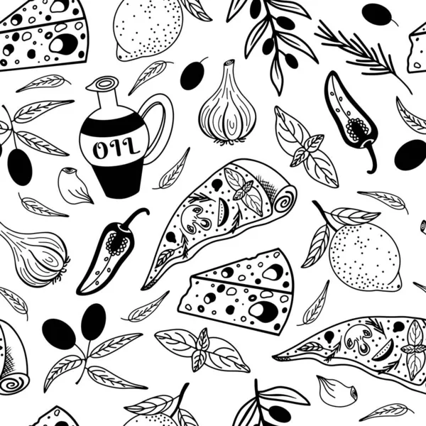 Nahtloses Vektormuster Der Mediterranen Küche Handgezeichnete Kritzeleien Frische Zutaten Oliven — Stockvektor