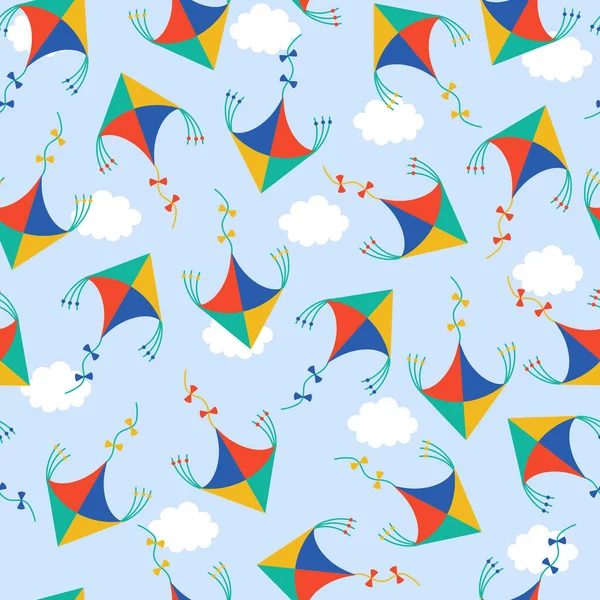 Nahtloses Vektormuster Für Drachen Handgezeichnetes Farbkritzel Papierspielzeug Fliegt Himmel Wolken — Stockvektor