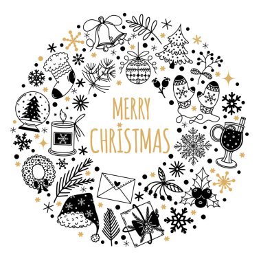 Noel sembolleri vektör koleksiyonu. Elle çizilmiş eskiz. İzole edilmiş mevsimlik nesneler. Kutlama elementleri: Ağaç, kar küresi, mum, kar tanesi, çelenk. Siyah beyaz taslak, çizgi film karalamaları.