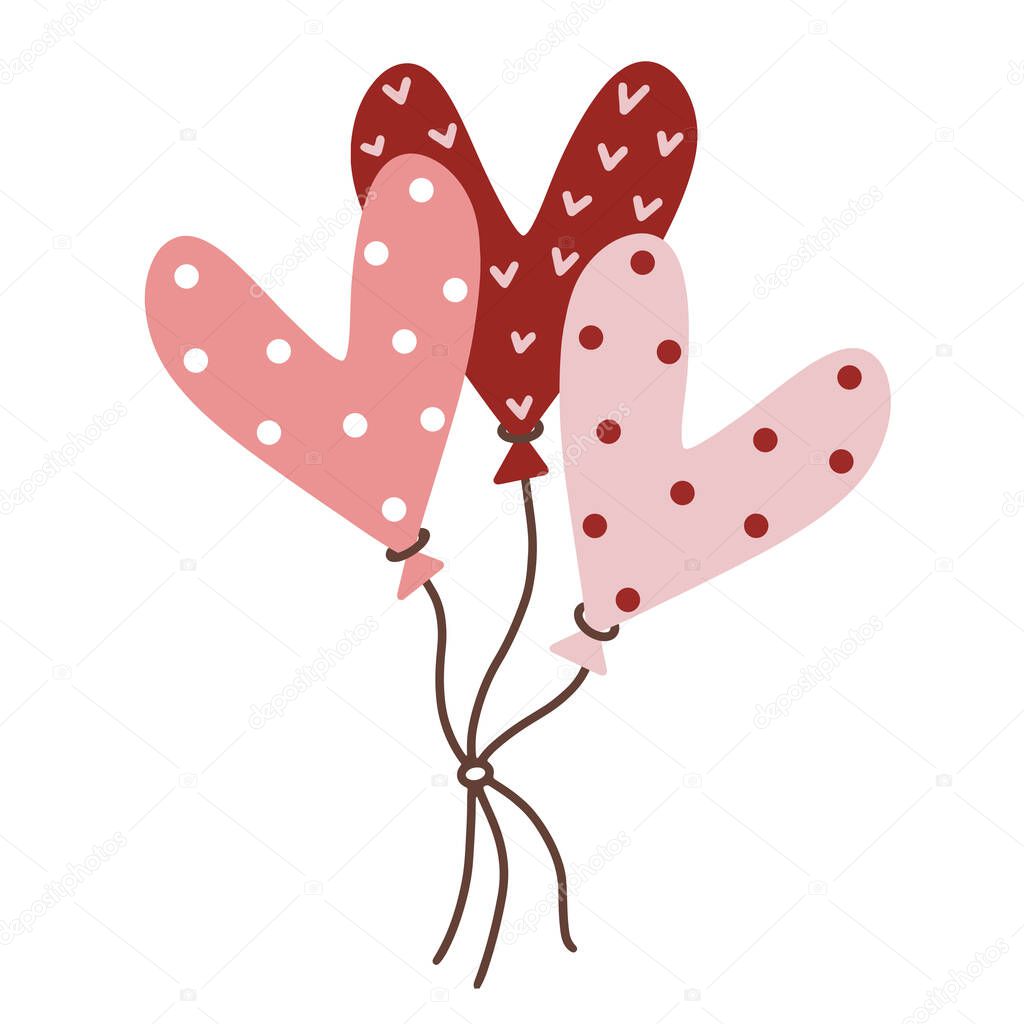 Cute heart shaped balloons vector icon isolated on white background. Hand-drawn holiday sketch. Red, pink festive objects with a pattern. Flat concept for valentine's day, wedding, party. Colored doodle.