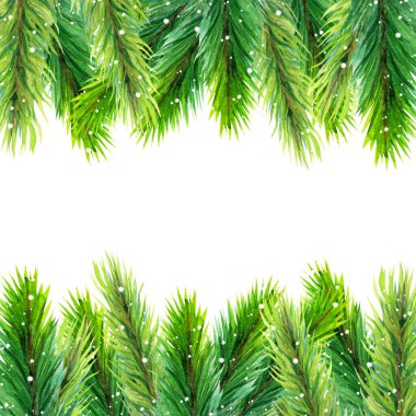 Suluboya kozalaklı dallar çerçevesi. El yapımı her zaman yeşil dallar ladin, köknar, çam. Karla süslenmiş Noel süsü. Kopya alanlı botanik süsü. Beyaz bir arkaplanda resim.