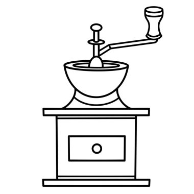 Retro elle kahve öğütücü vektör ikonu. Beyaz arkaplanda el çizimi bir illüstrasyon. Fasulye değirmeninin klasik çizimi, ahşap saplı antika mutfak aletinin çizimi. Tek renkli karalama..