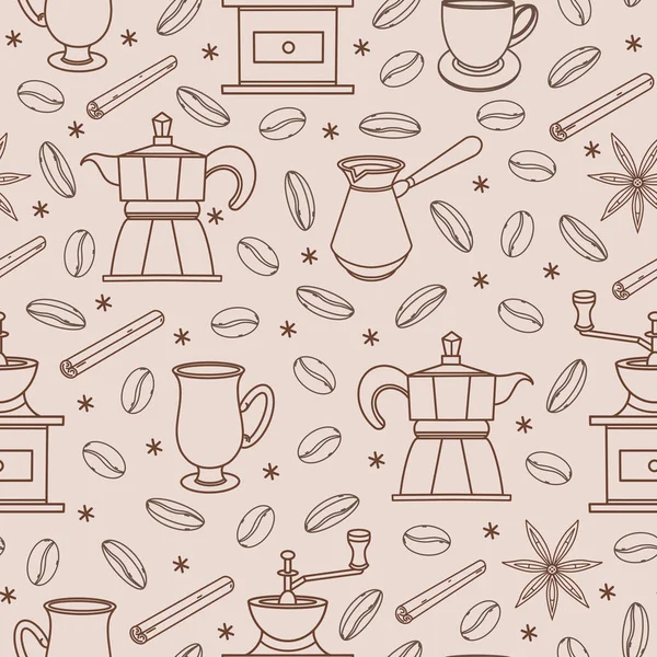 Coffee Accessories Seamless Vector Pattern Hand Drawn Illustration Light Background — Stockvektor