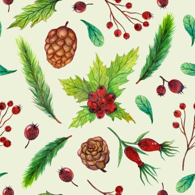 Noel suluboya deseni kusursuz. Elle çizilmiş yeni yıl çizimi. Kutlama elementleri - kutsal meyveler, çam dalları, köknar, koniler. Dekorasyon, kart tasarımı, ambalaj kağıdı, ağ için klasik arkaplan.