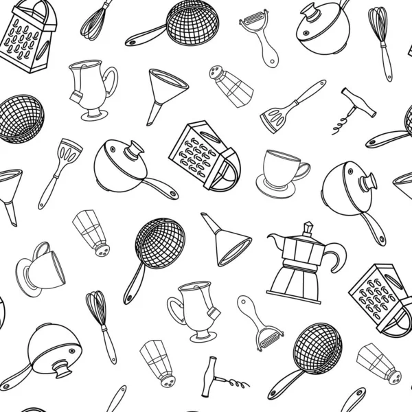Kitchen Tools Seamless Vector Pattern Hand Drawn Doodles White Backdrop — Stockvektor