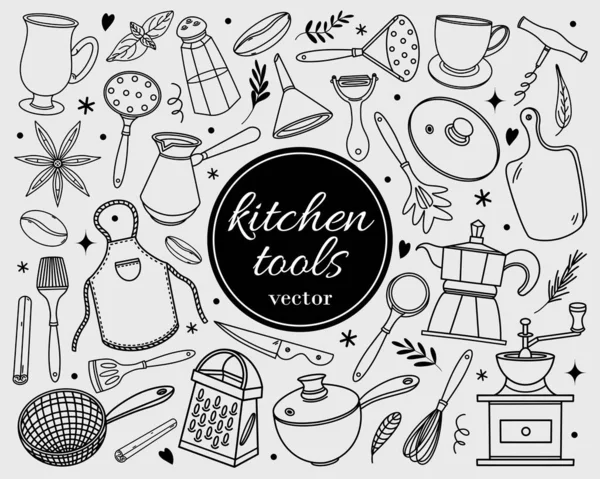 Kitchen Tools Set Vector Icons Hand Drawn Illustration Isolated White — Stockvektor